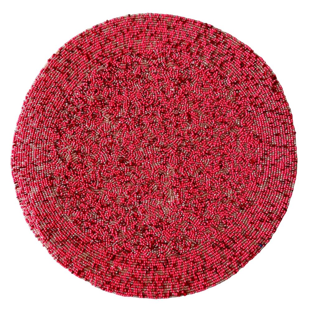 TIRAMISU Handmade Beaded 15in Round Placemat Charger Holiday Red Pink Pearl  NEW